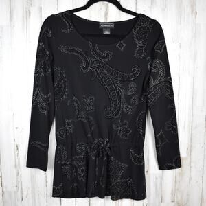 Vintage black floral paisley flocked shirt top Women's small whimsigoth cosplay